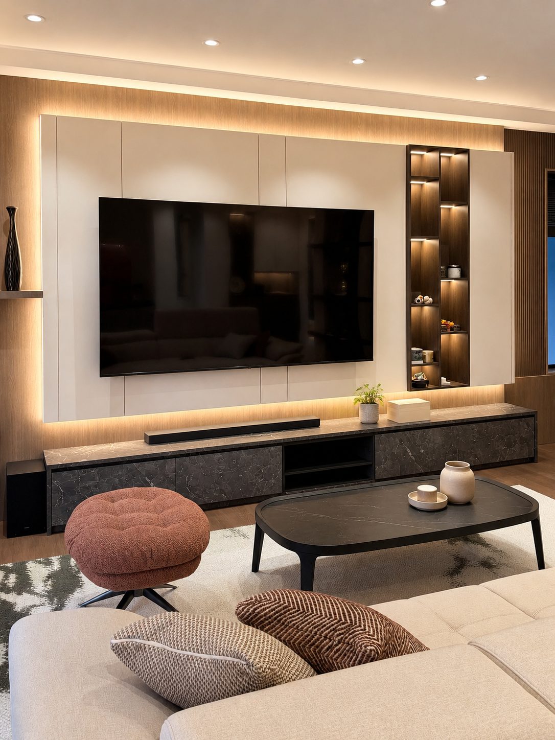 Living room TV feature wall with cove lighting, cabinetry and ceiling detail by Weehome